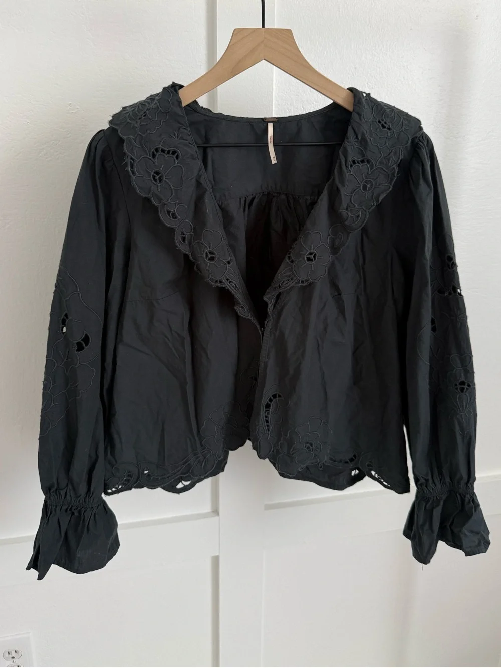 Free People Black Eyelet Puff Sleeve Top